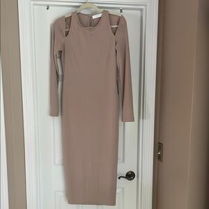 Astr Tan Ribbed Bodycon Dress Cold Shoulder Long Sleeve